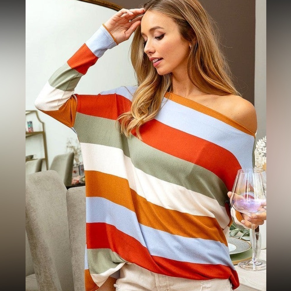 NWOT - BiBi Brushed Mutli-Striped Boatneck Top - XL